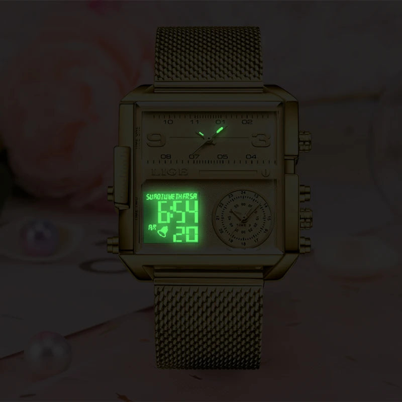 LIGE 2023 Nuevo reloj dorado para mujer, marca superior, relojes cuadrados creativos de lujo, reloj de pantalla dual de moda para mujer, reloj femenino + caja