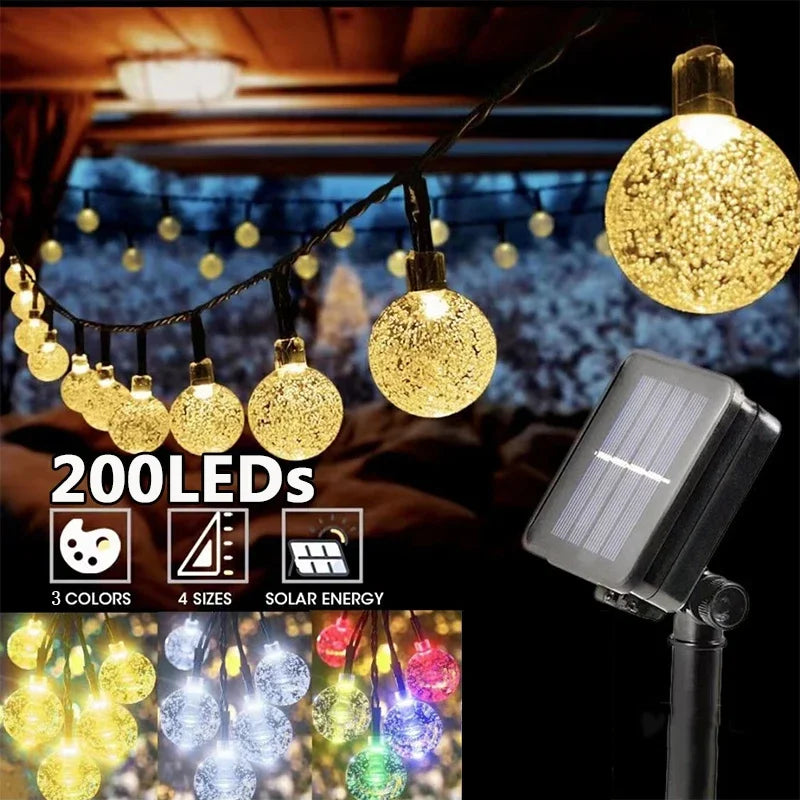 Guirnalda de luces solares para exteriores, guirnalda de luces de cristal para Navidad, 8 modos, resistente al agua, para patio, decoración de fiestas en el jardín