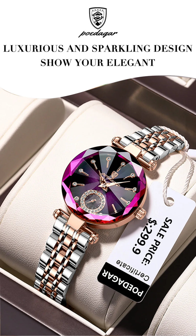 POEDAGAR Reloj de pulsera de lujo para mujer, elegante reloj de acero inoxidable resistente al agua para damas, relojes de cuarzo con diamantes para mujer, Reloj