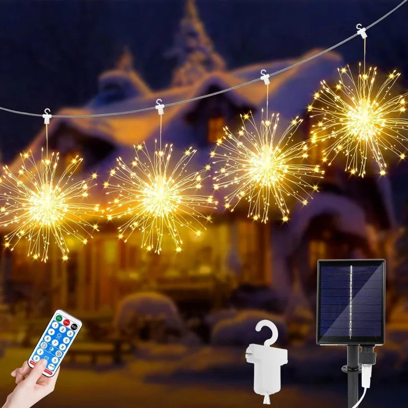 5*90LEDS Hanging Solar Firework Light 8 Modes Remote Control Solar Starburst Lamp Christmas Decor Fairy Lights Garden Yard Patio