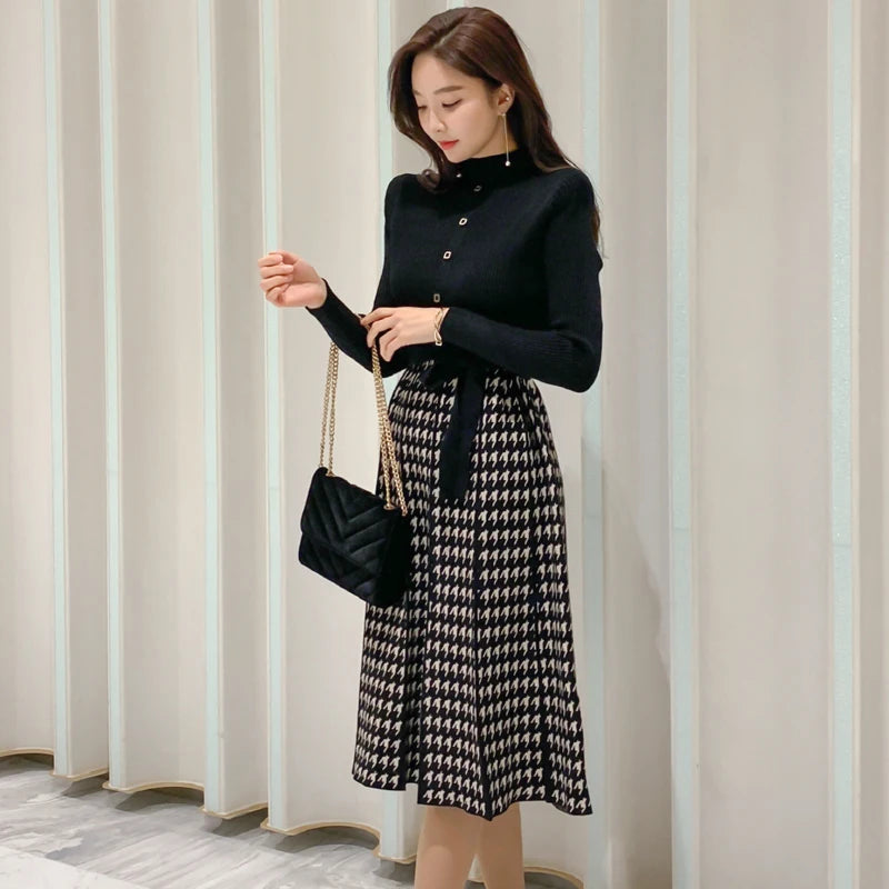 Korean Elegant Knitted Plaid Patchwork Midi Dress for Women Long Sleeve O-neck Bird Lattice Bow Pleated Dress Autumn Winter 2023