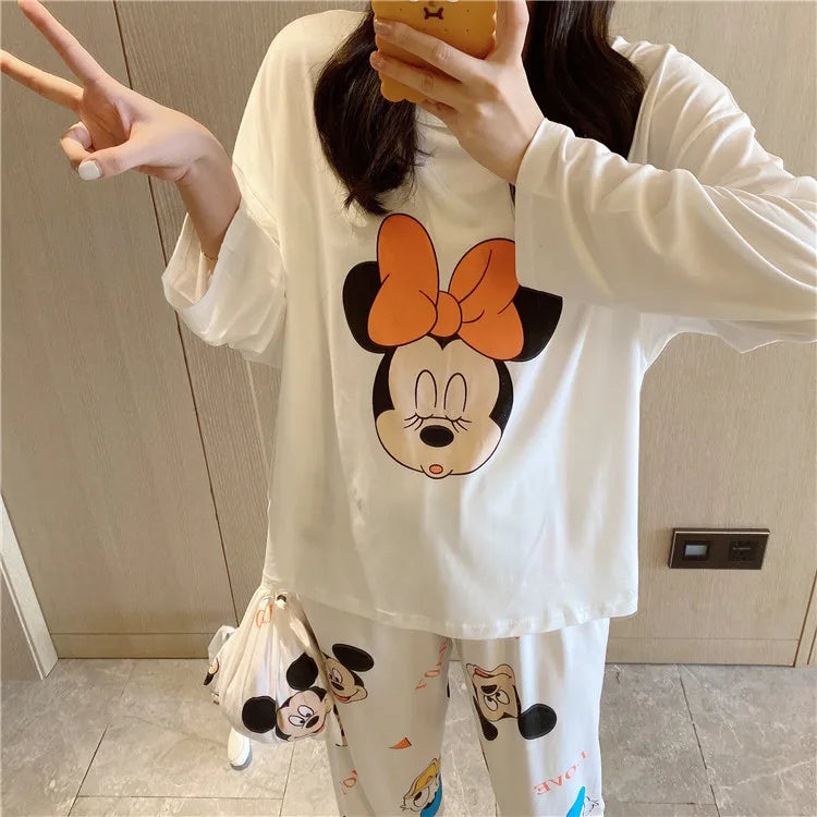 Disney Donald Duck new women's pajamas autumn cotton long-sleeved trousers two-piece set silk pajamas women's loungewear set