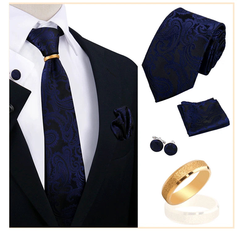 Corbatas para hombre con juego de broches y anillos, diseño de marca, corbatas, pañuelos, gemelos, regalos para bodas y fiestas, accesorios para hombre