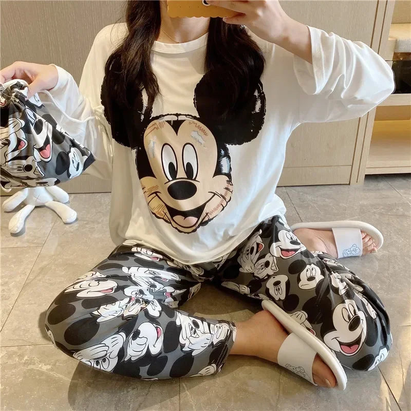 Disney Donald Duck new women's pajamas autumn cotton long-sleeved trousers two-piece set silk pajamas women's loungewear set