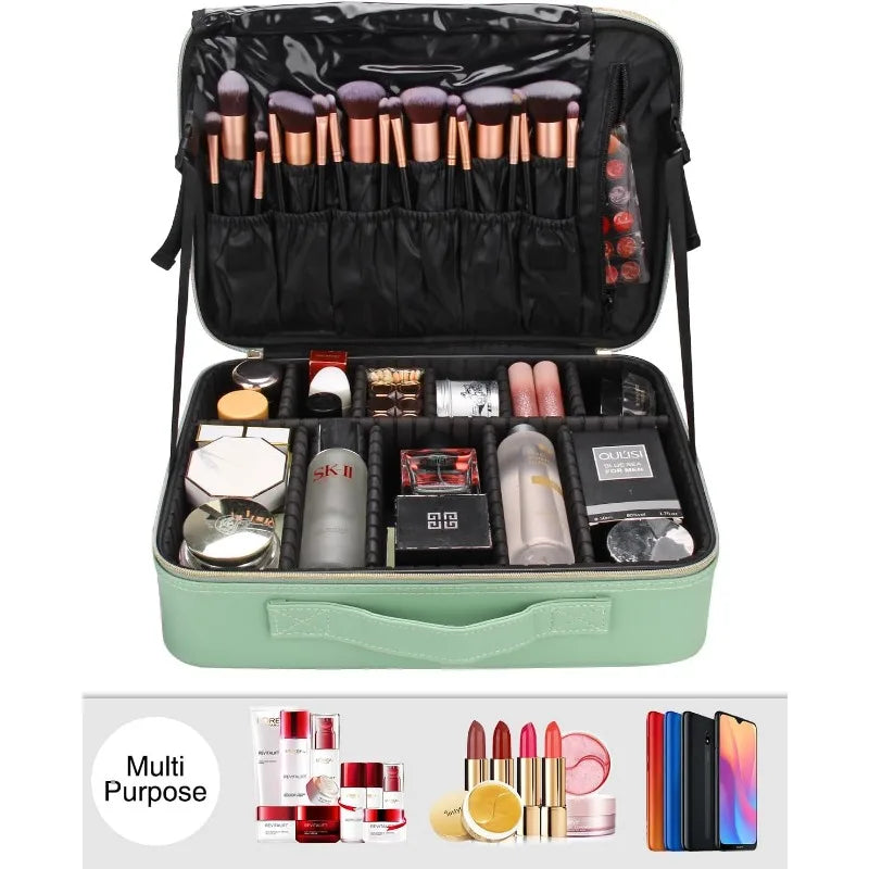 Estuche de viaje para maquillaje, organizador de cosméticos y maquillaje, bolsa de almacenamiento portátil para artistas con divisores ajustables