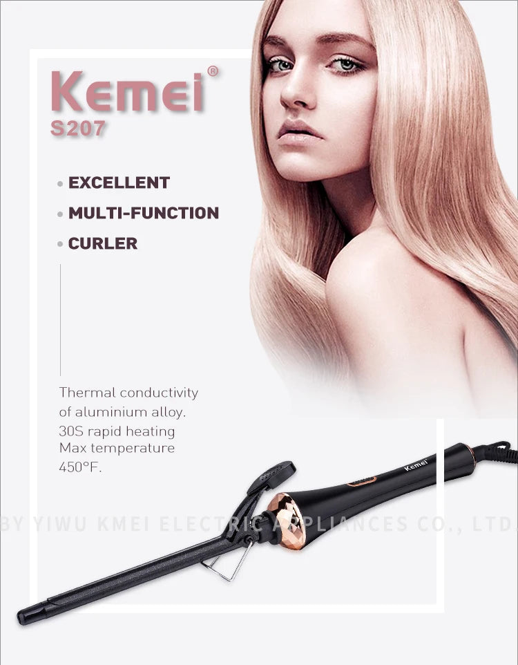 Rizador de pelo profesional Kemei, rizador de pelo con turmalina extralarga, barril de cerámica doble, herramienta para ondular el cabello, calor rápido