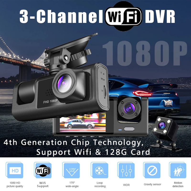 3 Channel WIFI Car DVR HD 1080P Inside Vehicle Dash Cam Three Way Camera DVRs Recorder Video Registrator Mini Dashcam Camcorder