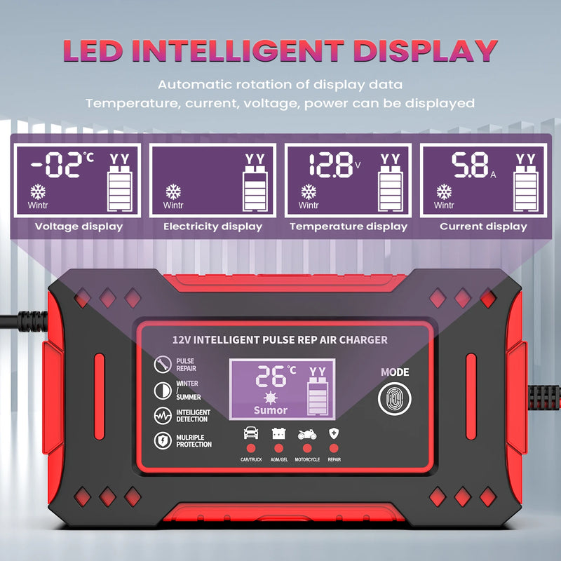 Cargador de batería inteligente para automóvil de 6 A y 12 V Unidad de carga de batería para automóvil y motocicleta Reparación de batería de plomo-ácido Pantalla LCD