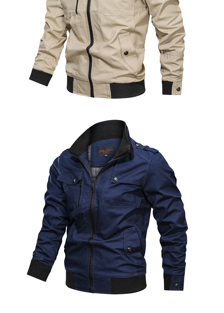 Casual solid color jacket, zippered pocket, stand up collar, oversized jacket, tough guy style, thin motorcycle top