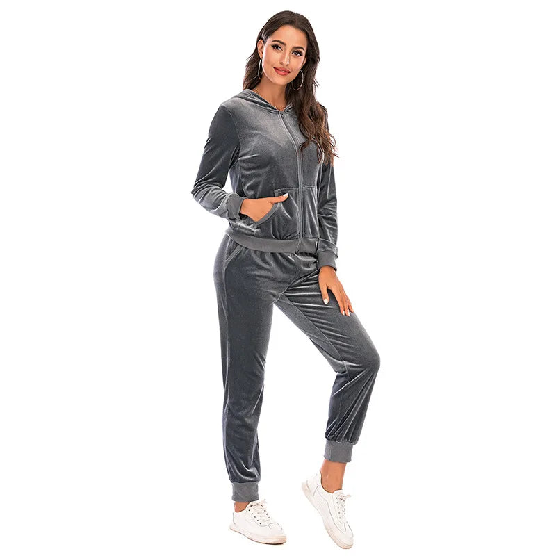 Velour Tracksuit Womens 2 Piece Sweatshirt & Sweatpants Set Full Zip Hoodie Sweatsuit with Pockets Casual Sportswear Autumn