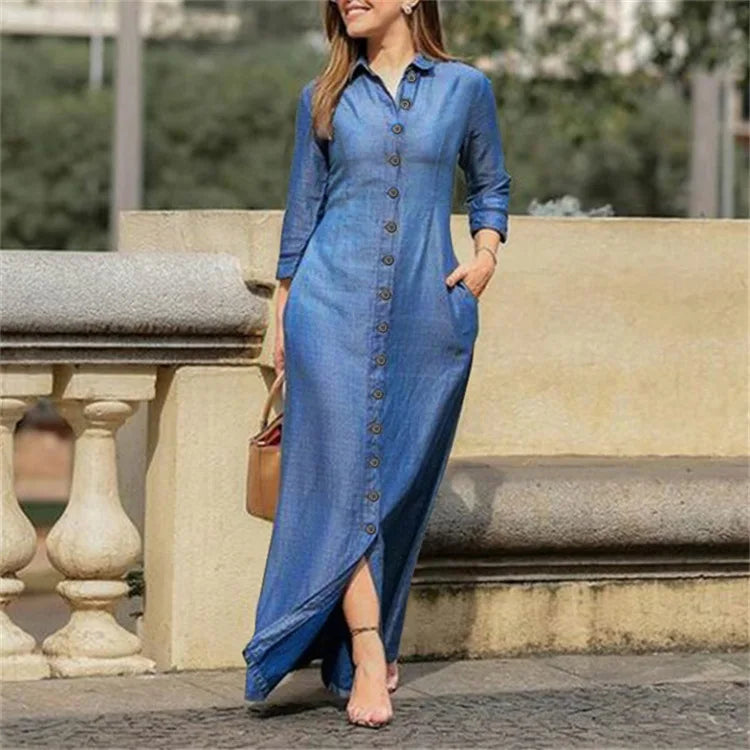 2023 Otoño Elegante Vestido De Mezclilla Para Mujer Camisa De Botones De Manga Larga Vestido Largo Moda Femenina Nueva Ropa Elegante Casual Para Damas