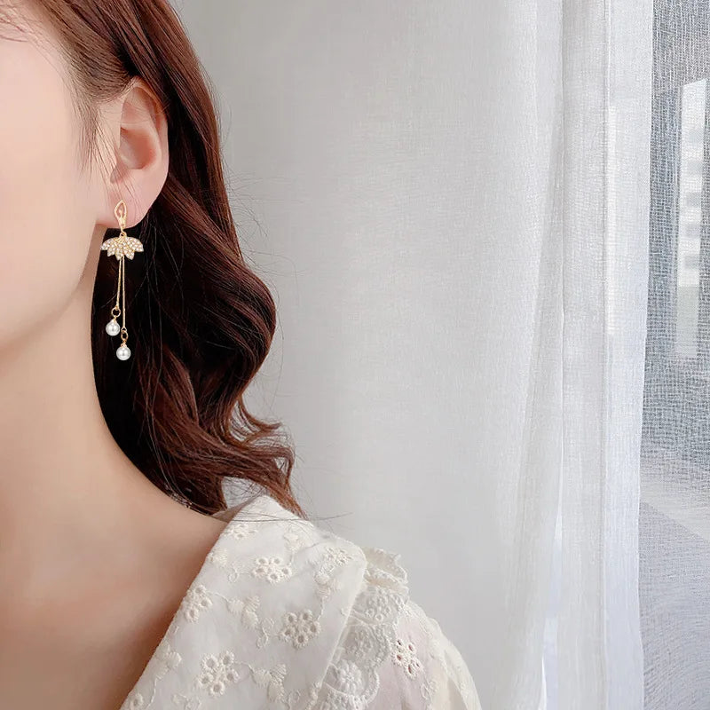 2023 New Double Layer Shiny Zircon Circle Long Gold Color Tassel Chain Earrings for Women Exquisite Elegant Wedding Jewelry