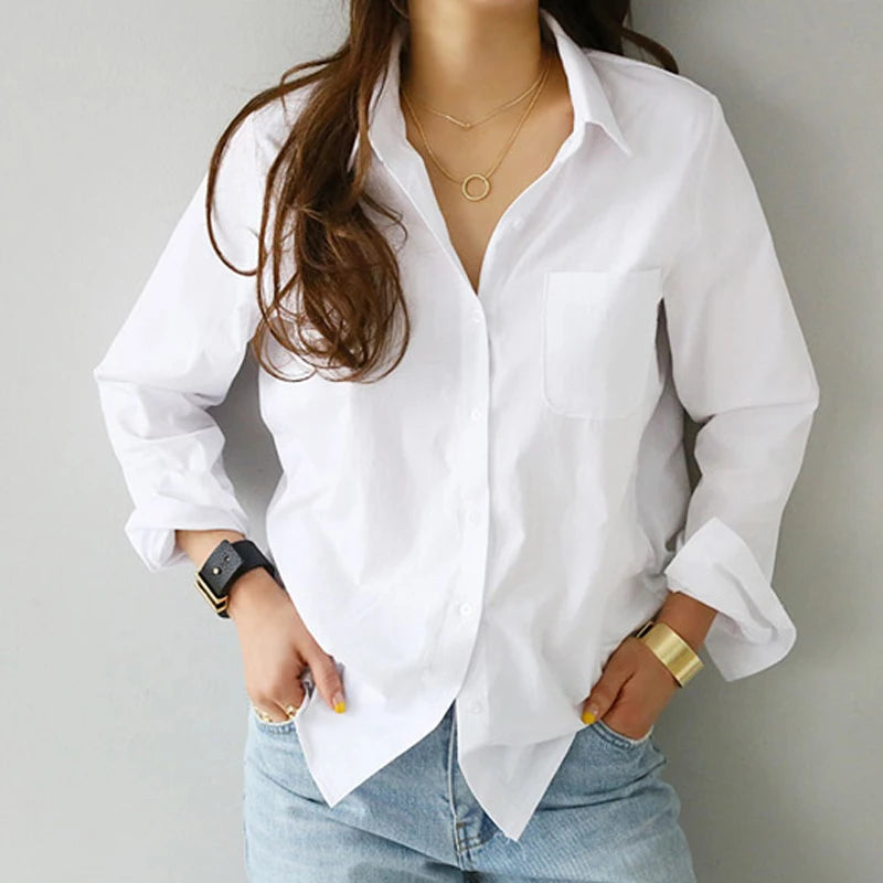 Camisa blanca de manga larga para mujer, informal, con cuello vuelto, para el trabajo, para la oficina, con botones, suave, lisa, para mujer, nueva moda