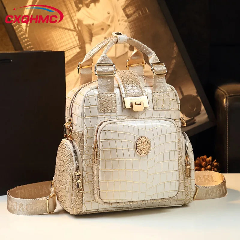 2024 Genuine Leather Women Backpacks Female Handbags Large Capacity Shoulder Crocodile Pattern Backpack Portable Mommy Bag Tide