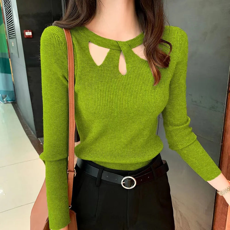 New Autumn and Winter Women's Slim  Stretch Sexy Pullover Hollow Solid Color Sweater Slim Bottoming Shirt  Sweater Ladies