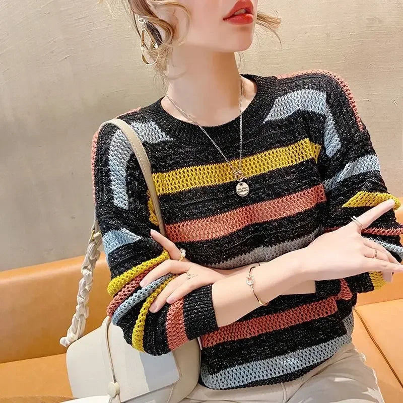 Women's Sweater Round O Neck Knit Tops for Woman Blue Mesh Pullovers Y2k Vintage Trend 2024 Korean Luxury Cold Winter Fashion