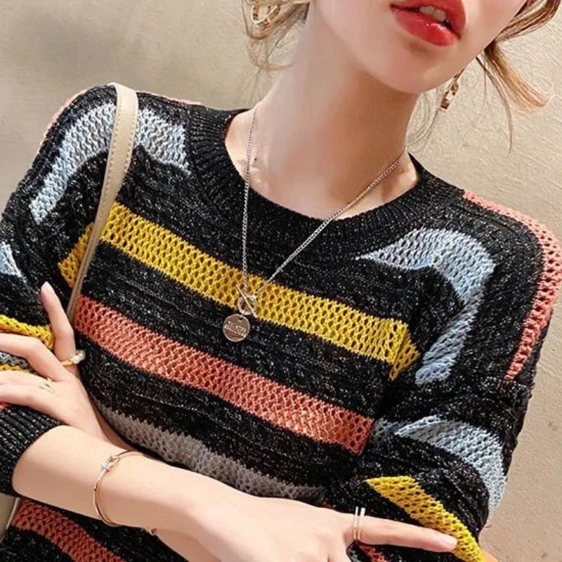 Women's Sweater Round O Neck Knit Tops for Woman Blue Mesh Pullovers Y2k Vintage Trend 2024 Korean Luxury Cold Winter Fashion