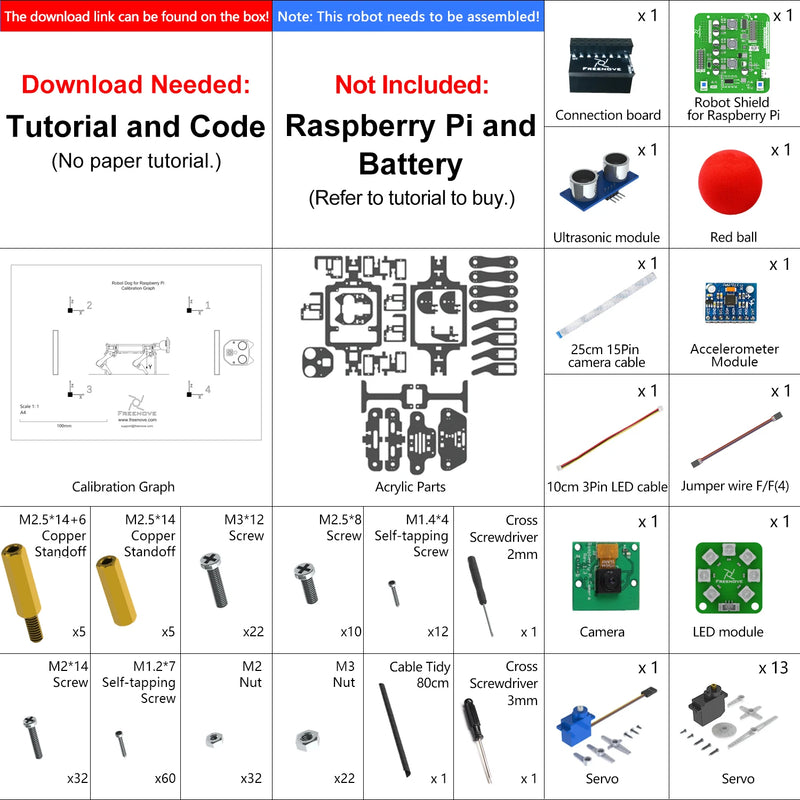 Kit de perro robot Freenove para Raspberry Pi 5 4 B 3 B+ B A+, que camina, se equilibra solo, sigue la pelota, reconoce el rostro y funciona por ultrasonidos