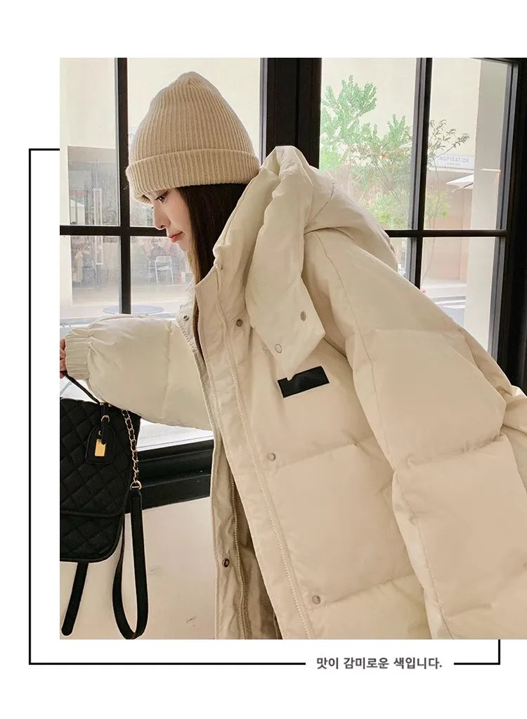 Solid Color Down Jacket Women Hooded Coat Stand Collar Fashion American Streetwear Duck Down Feather Female Winter Short Outwear