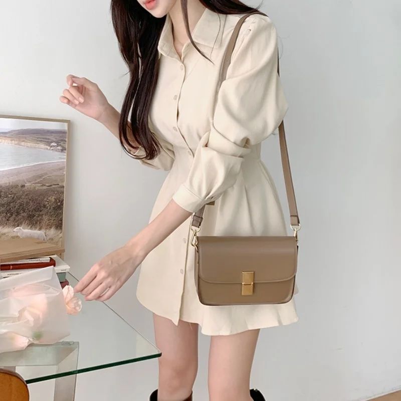 Korean Chic Fashon Slim Mini Long Sleeve Dress Women's 2024 Spring Autumn New Elegant Casual Polo Shirt Dresses Solid Clothing