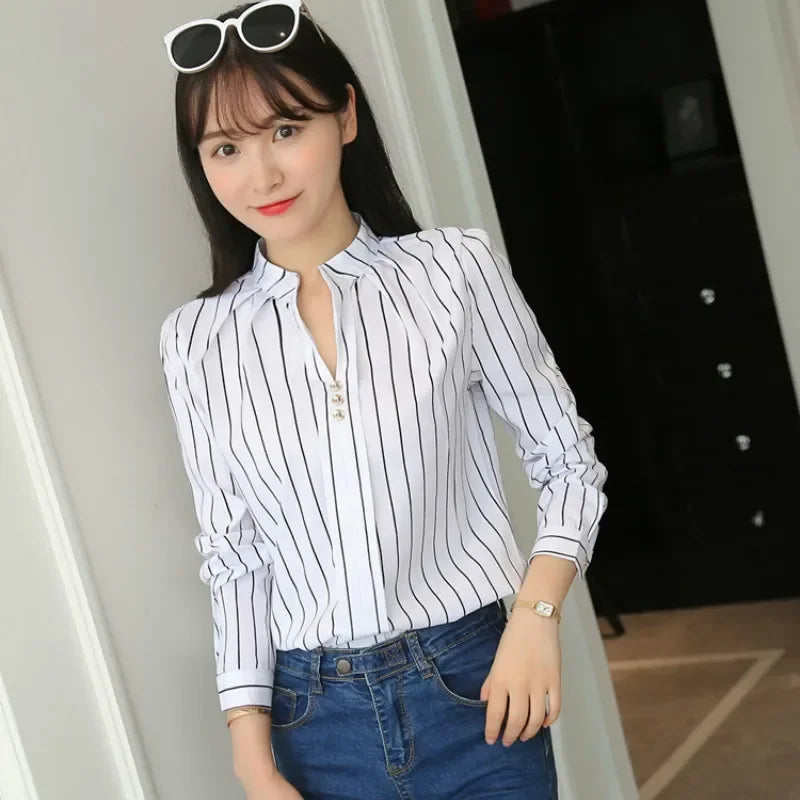 Women White Tops Women's Blouses Fashion Stripe Print Casual Long Sleeve Office Lady Work Shirts Female Slim Blusas