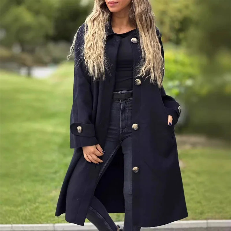 Autumn Winter Single-breasted Cardigan Tweed Jacket Women Large Lapel Double Pockets Long Outerwear Female Casual Commuter Coat