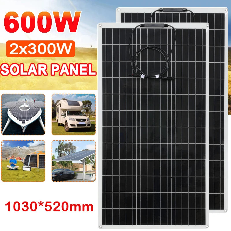 600w 300w flexible solar panel for 12v solar cell battery charger kit photovoltaic system for car boats marine motorhome Vans