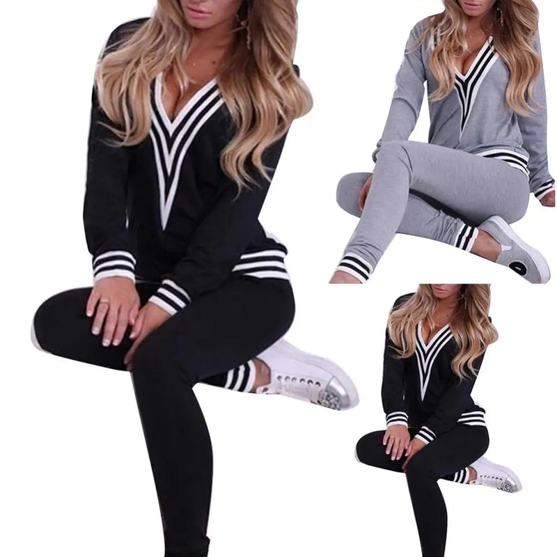 2Pcs/Set Women Casual Stripe Hem V Neck Sweatshirt Pants Cotton Sports Tracksuit