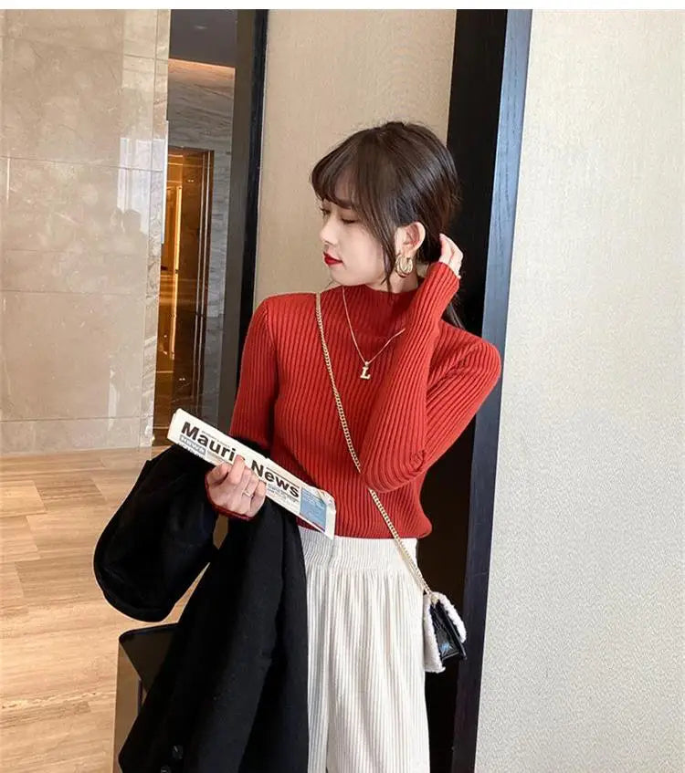 Epligg Women Turtlneck Sweater Long Sleeve Casual Slim Pullover Fashion Simple Chic Clothes Elegant Solid Basic Knitted Tops