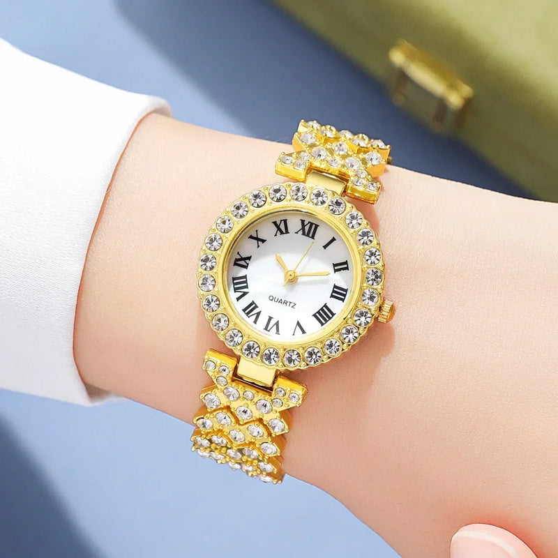 Juego de 5 piezas de relojes para mujer, anillo, collar, pendientes, diamantes de imitación, reloj de pulsera de moda para mujer, relojes casuales para mujer, conjunto de pulsera, reloj