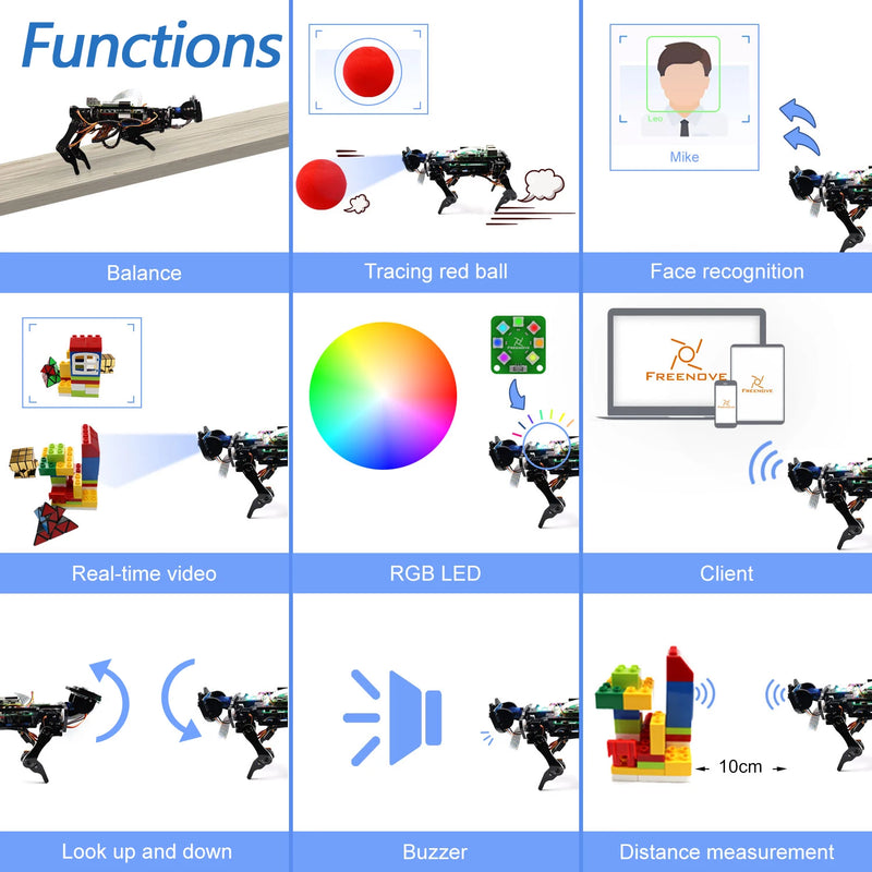 Kit de perro robot Freenove para Raspberry Pi 5 4 B 3 B+ B A+, que camina, se equilibra solo, sigue la pelota, reconoce el rostro y funciona por ultrasonidos