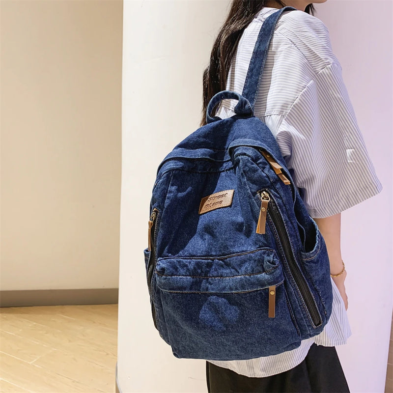 Mochilas de moda de mezclilla para la escuela, tendencia para estudiantes, bolsa de jeans, múltiples bolsillos, mochila de gran capacidad, mochila escolar femenina 2023