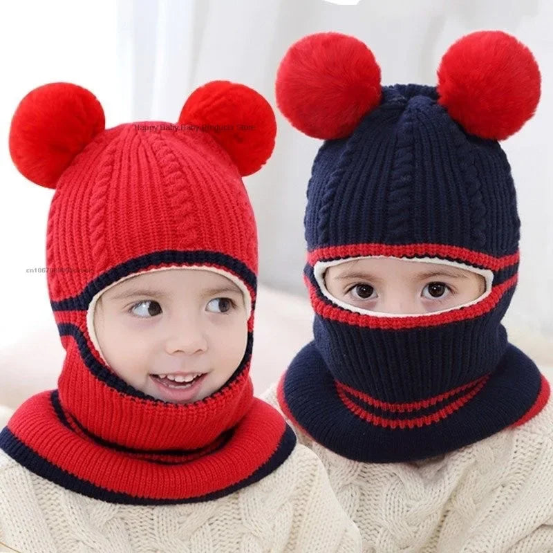 Gorro de invierno para bebé de 2 a 5 años, bufanda, gorro de punto con pompón de una pieza para niños, gorro cálido para el cuello para niñas y niños, gorros a prueba de viento, gorro para bebé