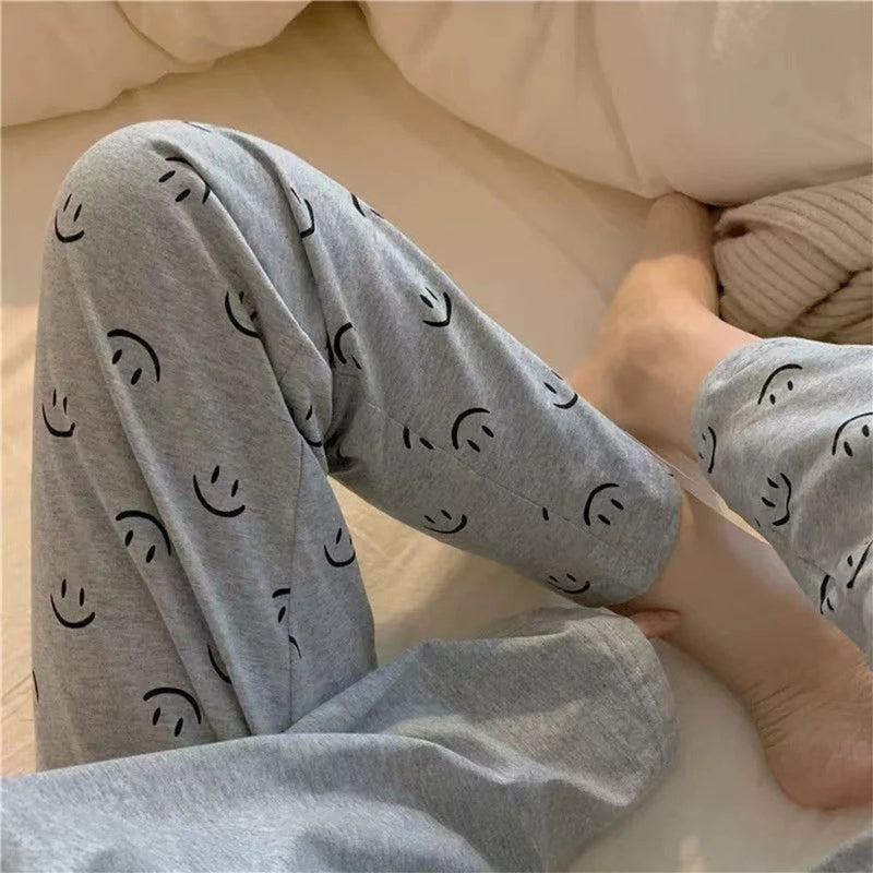 Winter Sleepwear Women's Pajamas Set Long Sleeve Pant Homewear Loose-fit Pajama Smile Facce Print Loungewear