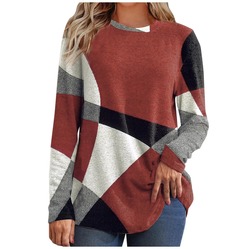 High-quality Trendy Women's Thin Geometric Contrast French Cashmere Long Sleeve Print Fashionable Loose Sweatshirt Comfortable