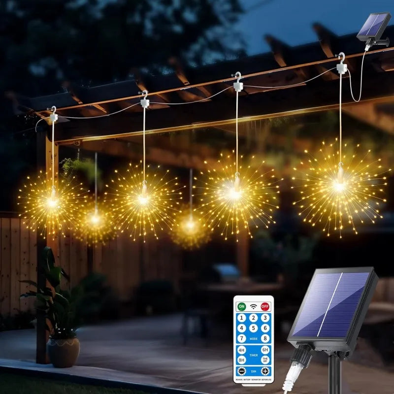 5*90LEDS Hanging Solar Firework Light 8 Modes Remote Control Solar Starburst Lamp Christmas Decor Fairy Lights Garden Yard Patio