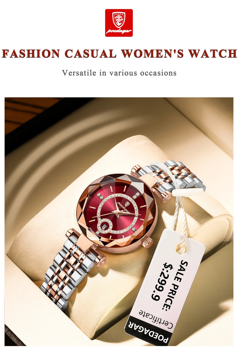 POEDAGAR Reloj de lujo para mujer Reloj de cuarzo de alta calidad con diamantes para mujer Reloj de acero inoxidable resistente al agua con fecha Reloj + caja