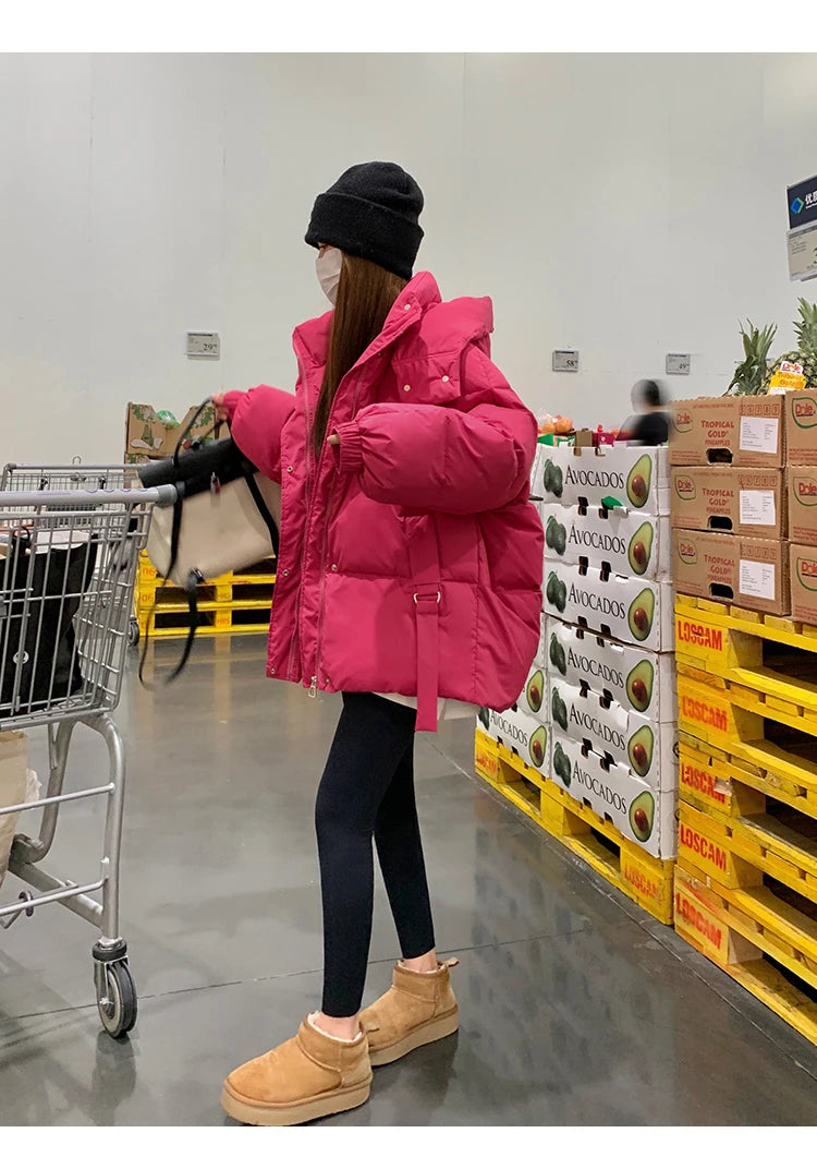 Solid Color Down Jacket Women Hooded Coat Stand Collar Fashion American Streetwear Duck Down Feather Female Winter Short Outwear