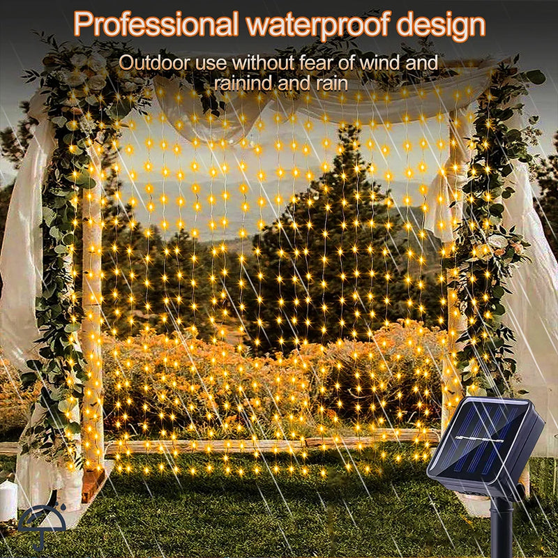 3x3M 300Leds Solar Curtain String Lights Outdoor Waterproof Garden Decoration Fairy Garland 8 Lighting Modes Christmas Lighting