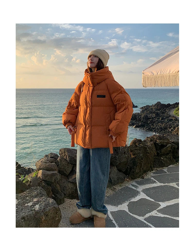 Solid Color Down Jacket Women Hooded Coat Stand Collar Fashion American Streetwear Duck Down Feather Female Winter Short Outwear