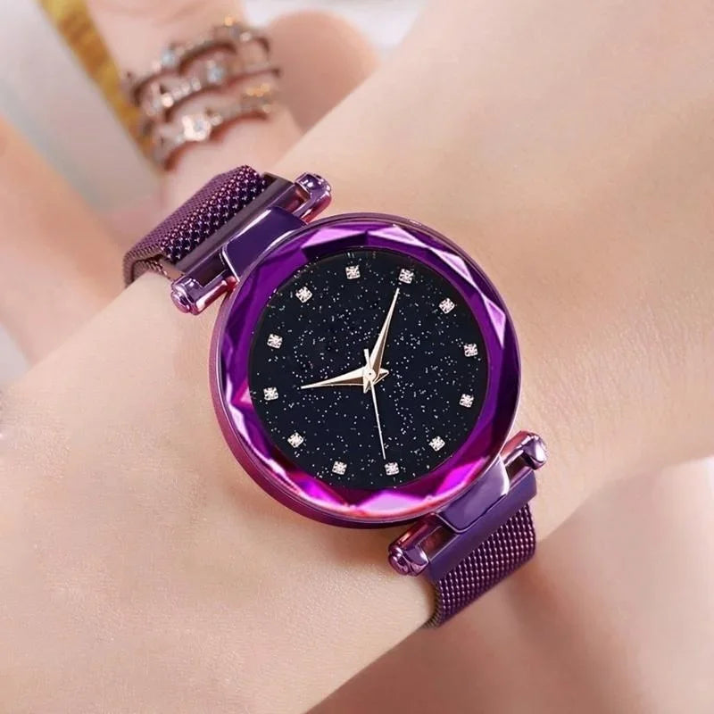 Relojes de lujo con cielo estrellado para mujer, pulsera de diamantes de imitación, reloj de cuarzo para mujer, reloj de pulsera con hebilla magnética de acero fino, reloj para mujer