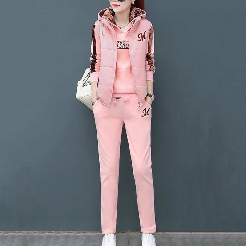 Fashion Warm Three Piece Set Women Outfit 2023 Fall Winter Thicken Tracksuit Casual Waistcoat Hoodies Pant Female Sweat Suit