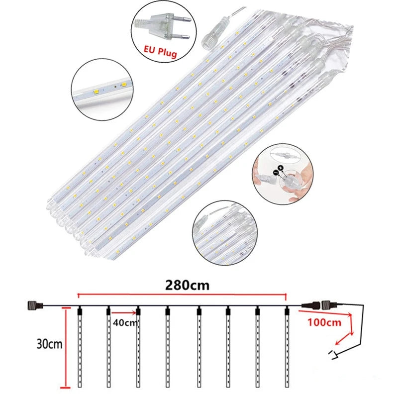 Luces navideñas de lluvia de meteoritos para exteriores, 10 tubos, 192 luces LED colgantes para jardín, árbol, fiesta, decoración, lámpara