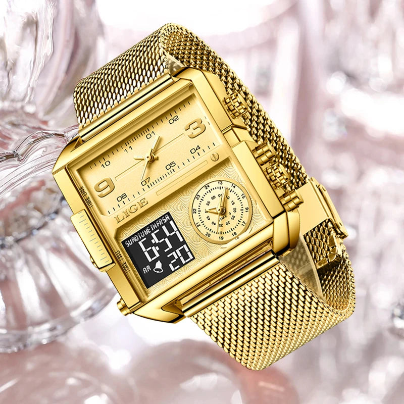 LIGE 2023 Nuevo reloj dorado para mujer, marca superior, relojes cuadrados creativos de lujo, reloj de pantalla dual de moda para mujer, reloj femenino + caja