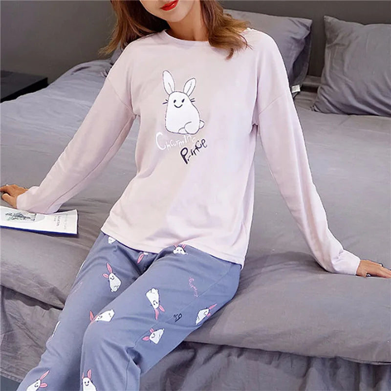 spring and autumn Cute Cartoon Cat Print Pajama Set Women Two-pieces Long Sleeve Sleepwear Underwear Women Pajama Sets