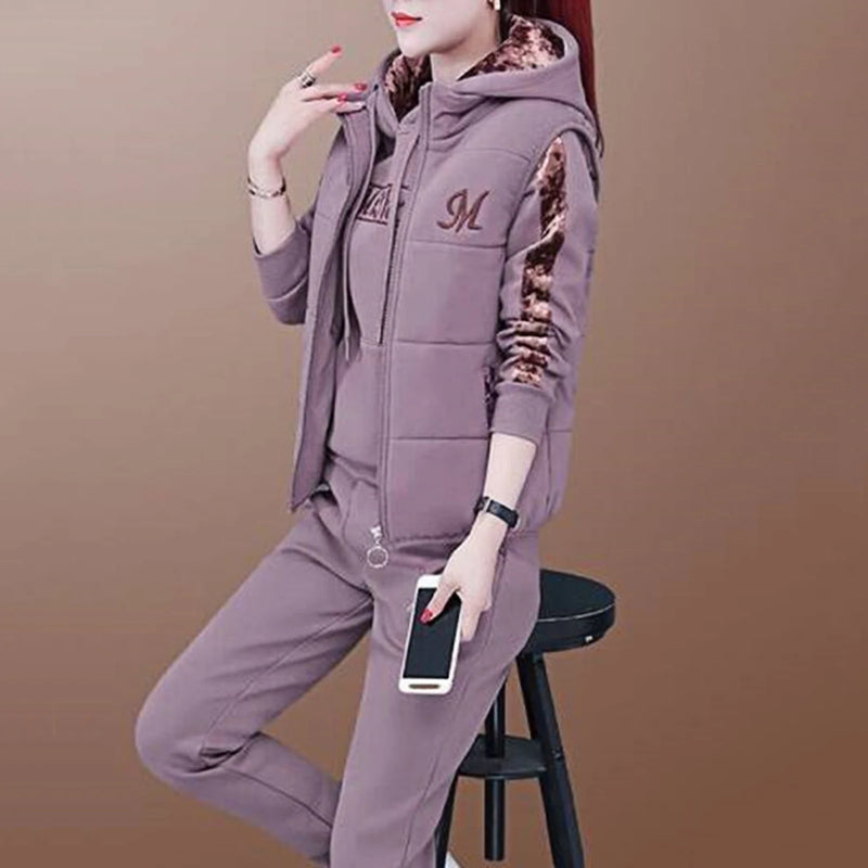 Fashion Warm Three Piece Set Women Outfit 2023 Fall Winter Thicken Tracksuit Casual Waistcoat Hoodies Pant Female Sweat Suit