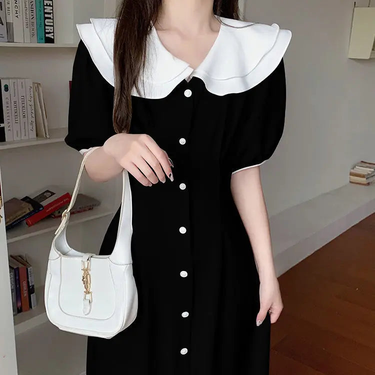 CGC Vintage Doll Collar Lolita Dress For Women 2023 Preppy Style Summer Black Long Dresses Korean Style Elegant Party Dresses