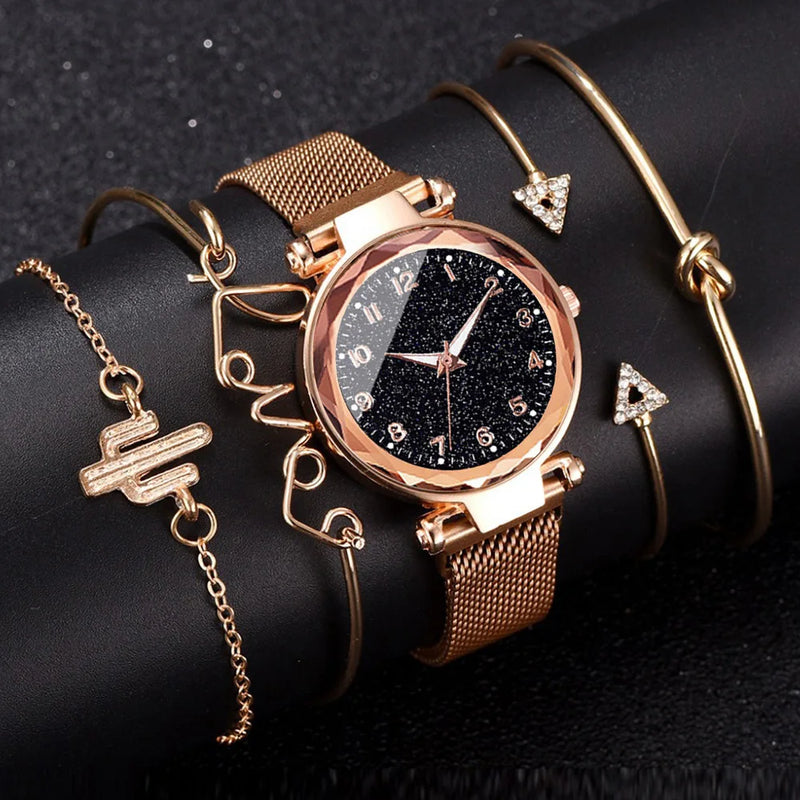 Conjunto de 5 relojes de pulsera de cuarzo con esfera redonda y diseño de cielo estrellado para mujer, relojes con cinturón de malla informales a la moda para mujer, reloj sencillo para vestir, regalo para niña