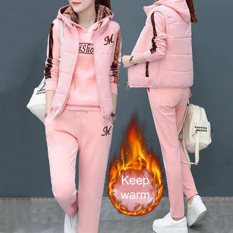 Fashion Warm Three Piece Set Women Outfit 2023 Fall Winter Thicken Tracksuit Casual Waistcoat Hoodies Pant Female Sweat Suit