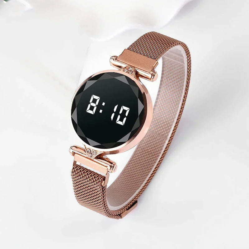 Reloj LED de lujo para mujer, pulsera magnética, relojes de oro rosa, relojes digitales de cuarzo para mujer, reloj femenino